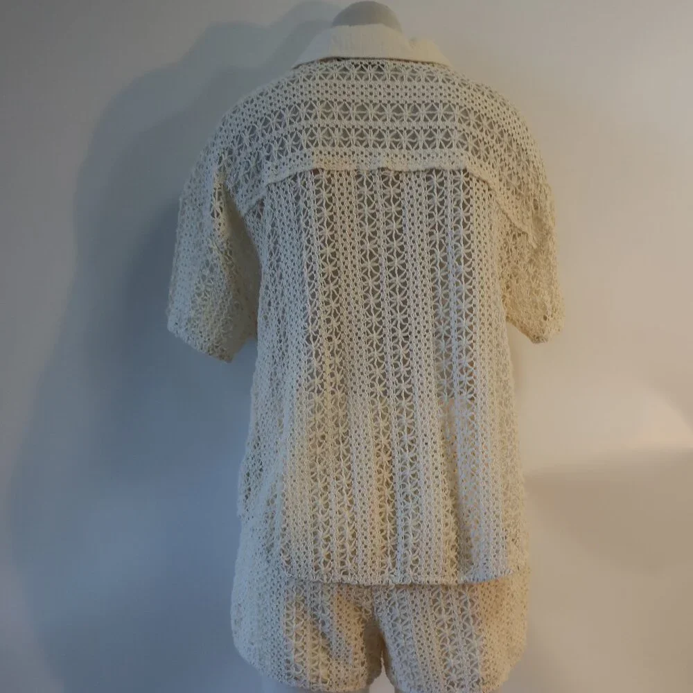 Women Benaar LA Jeiley Cream 2Pc Set Crochet Gauzy Contrast Collared Top Short M - Picture 10 of 13